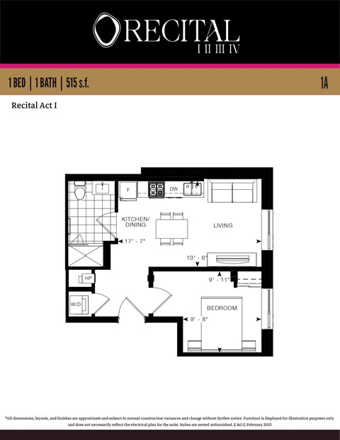 A floor plan for a 1 bedroom, 1 bathroom apartment sized at 515 square feet.
